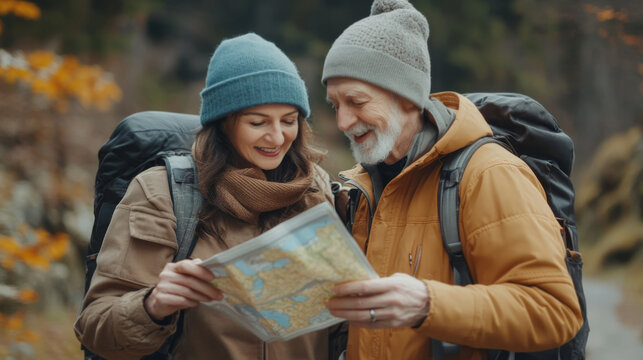 Senior Couple Hiking and Reading a Map in Autumn Forest