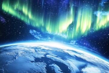 Colorful aurora borealis lights up the night sky over Earth from a cosmic perspective