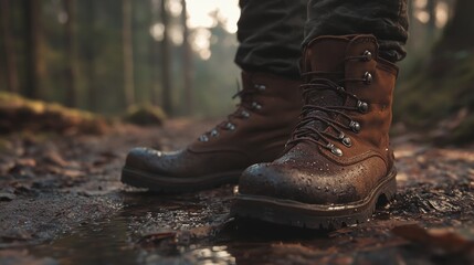 Hiking boots in muddy forest path