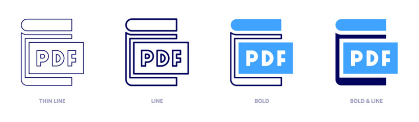 Pdf file icon in 4 different styles. Thin Line, Line, Bold, and Bold Line. Duotone style. Editable stroke