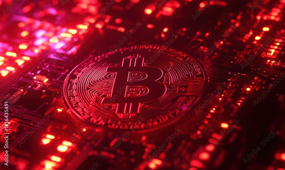 Poster bitcoin cryptocurrency symbol illuminated in red light on circuit board background, representing dig