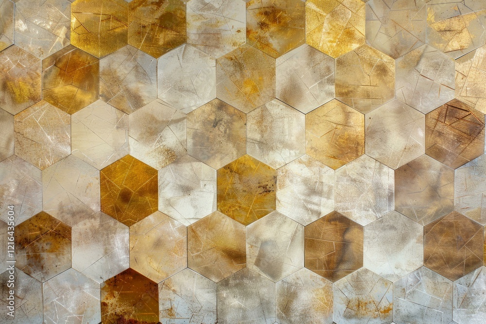 Poster metallic hexagonal tiles forming a textured background, ideal for design projects seeking a modern a