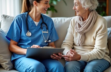 Home healthcare nurse consults senior woman. Nurse, patient seated comfortably in home setting. Nurse reviewing clipboard, smiling. Patient also smiling, looking at nurse. Friendly, caring