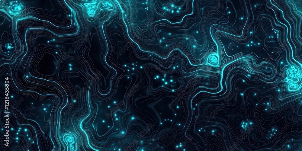 Poster abstract glowing blue and black wavy lines with luminous dots creating a mesmerizing digital landsca