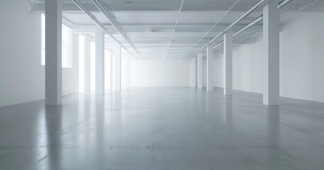 A spacious, empty room with smooth concrete flooring and large windows allowing natural light.