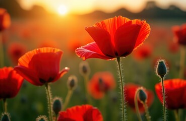 Naklejka premium Beautiful red poppies bloom in a field at sunrise. Sunlight highlights the delicate petals and slender stems. Nature scene with a tranquil and relaxing feeling. Perfect for a summer or spring display.
