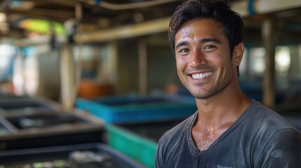 Fototapeta premium Portrait of smiling man in industrial workshop, casual worker headshot with shallow depth of field, blue machinery background