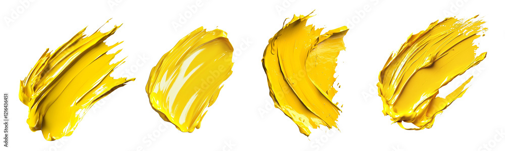 Poster four dynamic yellow paint strokes are displayed against a black background showcasing texture and vi