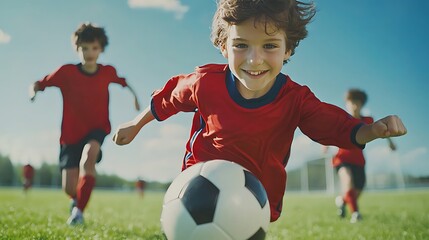 Happy boy dribbling soccer ball, teammates running, sunny field