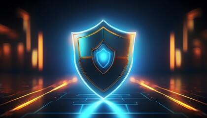 A glowing, futuristic shield emblem symbolizing protection and security, set against a digital background with vibrant blue and orange lighting.