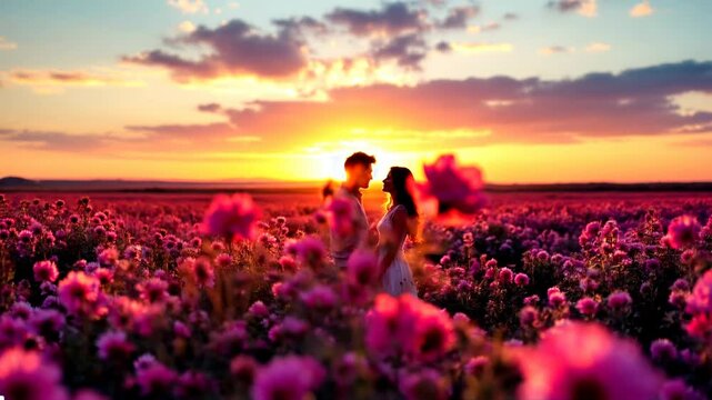 romantic scene of a couple standing in a field of vibrant pink flowers at sunset