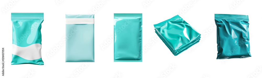 Poster a set of five teal colored glossy pouches displayed against a black background showcasing various pa