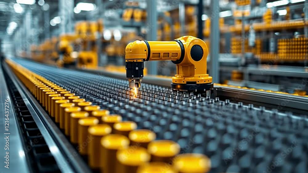 Poster robotic arm assembling components on an automated production line in a modern factory setting