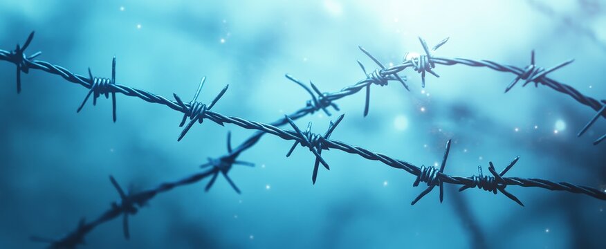 Close-up of barbed wire against a blurred blue background.