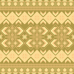 a green-toned textile pattern with geometric shapes, diamonds, and arrows. It features symmetrical designs inspired by traditional crafts, offering a cultural and decorative aesthetic. Vector seamless