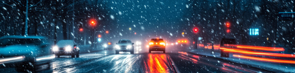 Fototapeta premium Snow-covered city street with cars driving at night banner