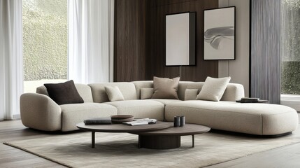 a living room with a large sectional couch and a coffee table