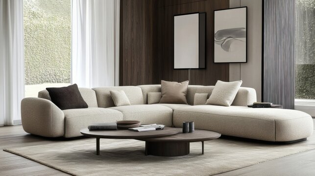 a living room with a large sectional couch and a coffee table