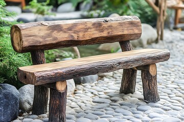 Naklejka premium Rustic Wooden Log Bench in Garden Setting