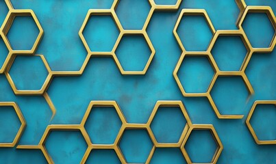 Obraz premium Golden hexagonal patterns on turquoise background, modern design elements, geometric shapes, stylish decor, abstract art