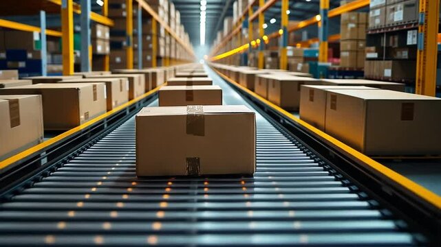 Boxes traveling on a conveyor belt in a large warehouse during the day