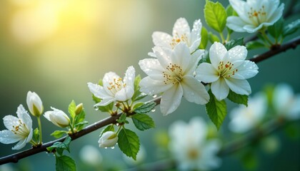 Fototapeta premium Delicate white flowers glistening with water droplets in soft morning light. Blossoms on branch with fresh green leaves. Spring scene in garden. Tranquil, peaceful nature photo. Closeup view of
