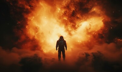 Fototapeta premium Astronaut standing amidst cosmic explosion, vibrant colors, deep space, ethereal clouds, celestial phenomena, exploration, adventure, science fiction