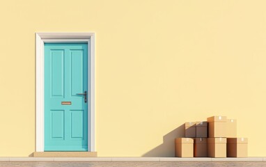 3D cartoon-style rendering of a blue door with boxes stacked next to it, isolated on a pastel beige background. 