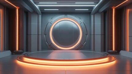 a futuristic room with a round mirror and neon lights