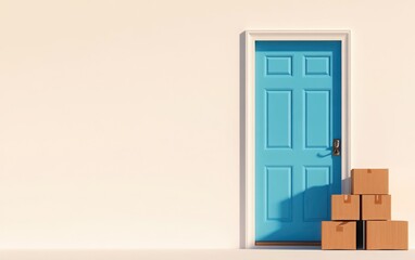 3D cartoon-style rendering of a blue door with boxes stacked next to it, isolated on a pastel beige background. 