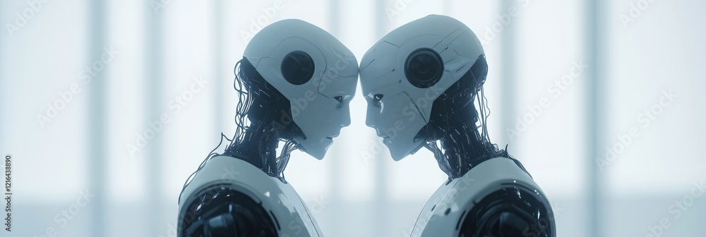 Poster robots facing each other, showcasing advanced humanoid design and technology, with intricate wiring 