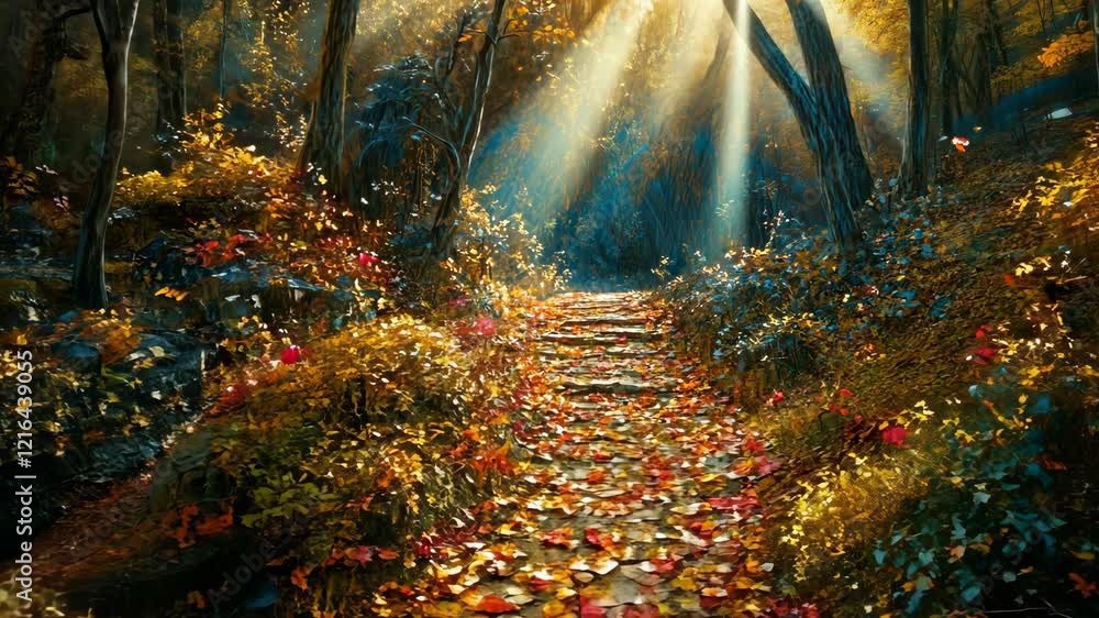 Poster pathway through a serene autumn forest with sunlight filtering through the trees