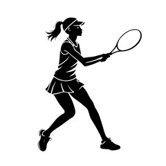 Black silhouette of a Female Tennis player prepares to serve on the court in a competitive match during the afternoon