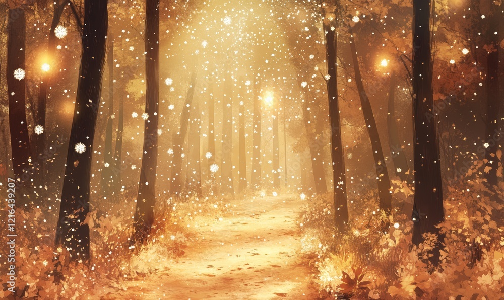 Poster enchanting forest path illuminated by soft lights and falling snowflakes, surrounded by autumn folia