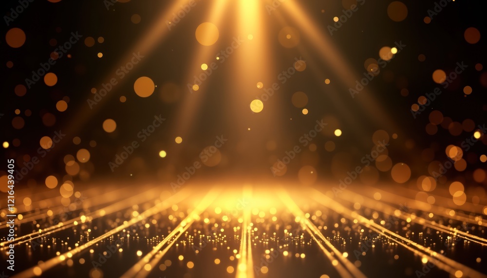 Poster golden light rays shine on dark stage. bokeh effect creates luxurious atmosphere. design concept per