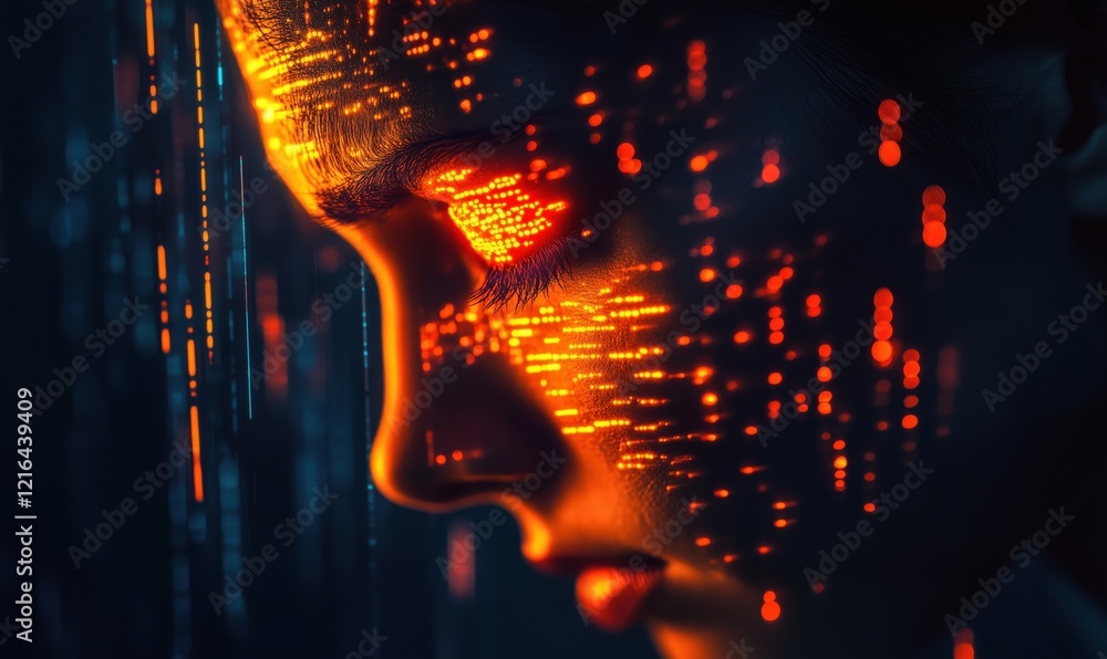 Poster digital face illuminated with glowing data patterns, showcasing futuristic technology and human conn