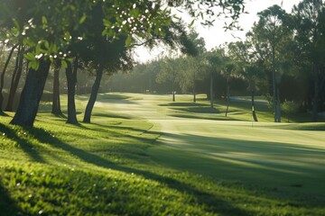 Obraz premium Scenic view of a tranquil golf course bathed in the warm glow of early morning sunlight