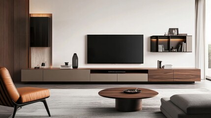 a living room with a couch, chair, and television