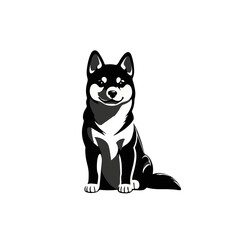 Black and white illustration of a Shiba Inu sitting proudly with a cheerful expression in a minimalist style