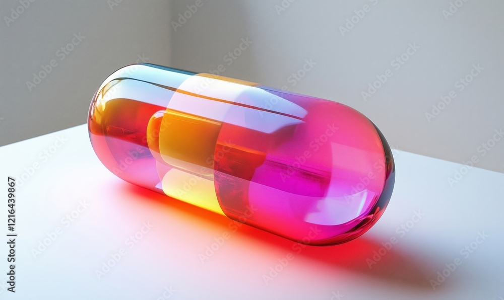 Poster colorful translucent capsule-shaped object with vibrant gradients and reflections on a minimalist su