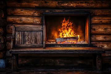 Rustic Cabin Fireplace with Wooden Bench