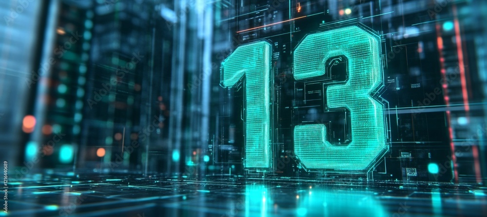Poster big 3d digital number 13 in futuristic cyber glowing style on a technological background
