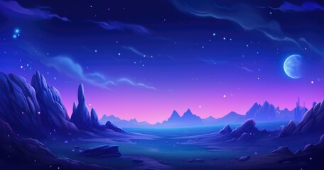 A serene, colorful alien landscape with mountains, a glowing moon, and a starry sky.