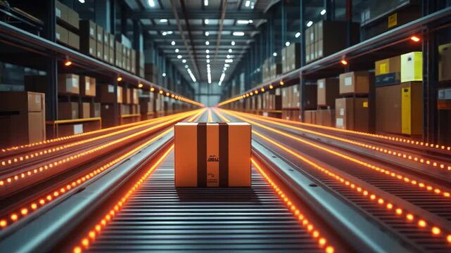 A delivery package moves along a conveyor belt in a busy warehouse at dusk
