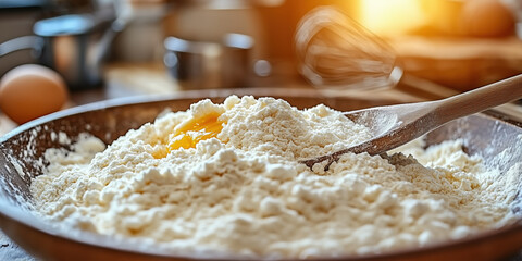 close up of wooden bowl with white flour and egg yolk being mixed with wooden spoon