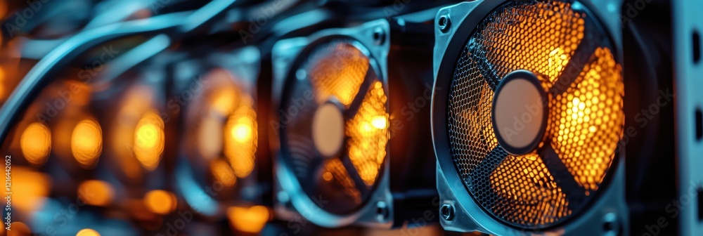 Poster cooling fans in computer hardware with glowing orange lights, showcasing advanced technology and eff