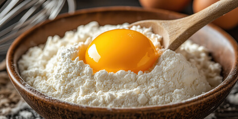 close up of wooden bowl with flour and bright yellow egg yolk, ready for baking