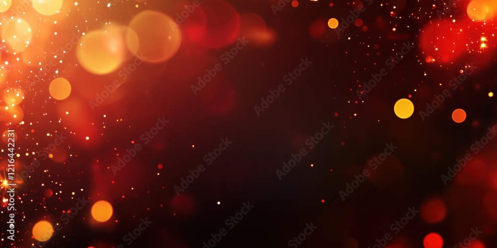 Aufkleber bokeh lights background with warm red and orange hues, sparkling particles creating a festive atmosp