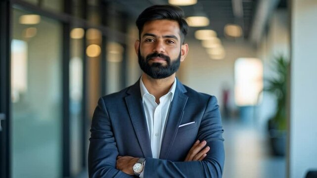 Confident Businessman in Modern Office Environment Smiling and Presenting Professional Attitude | Corporate Success and Leadership in Contemporary Workplace