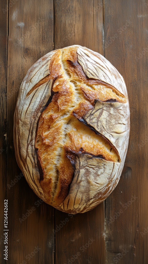 Poster artisan sourdough bread with crispy crust and intricate scoring patterns on wooden surface